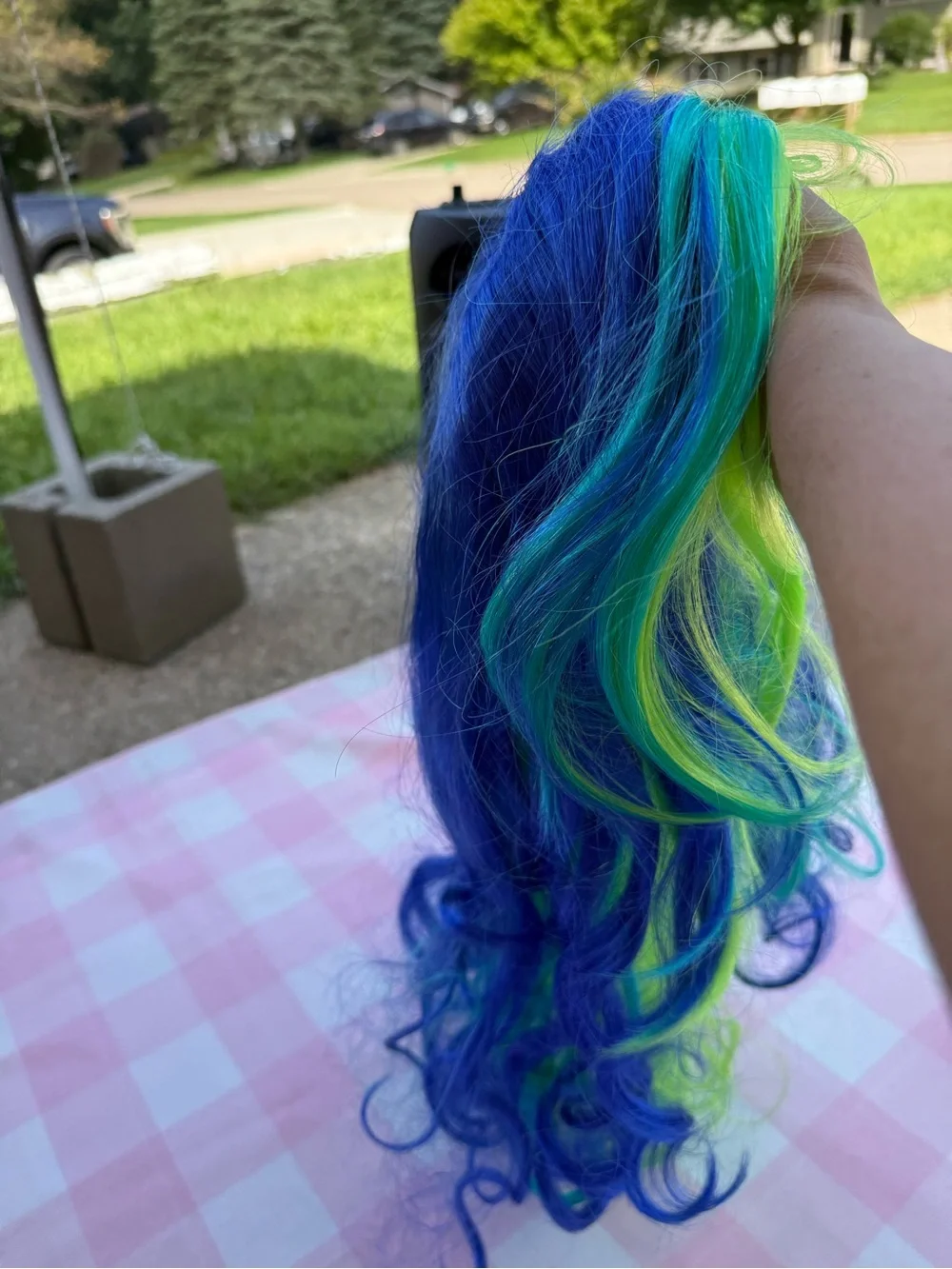 Vibrant Blue & Lime Green Curly mermaid hair wig (new in bag)